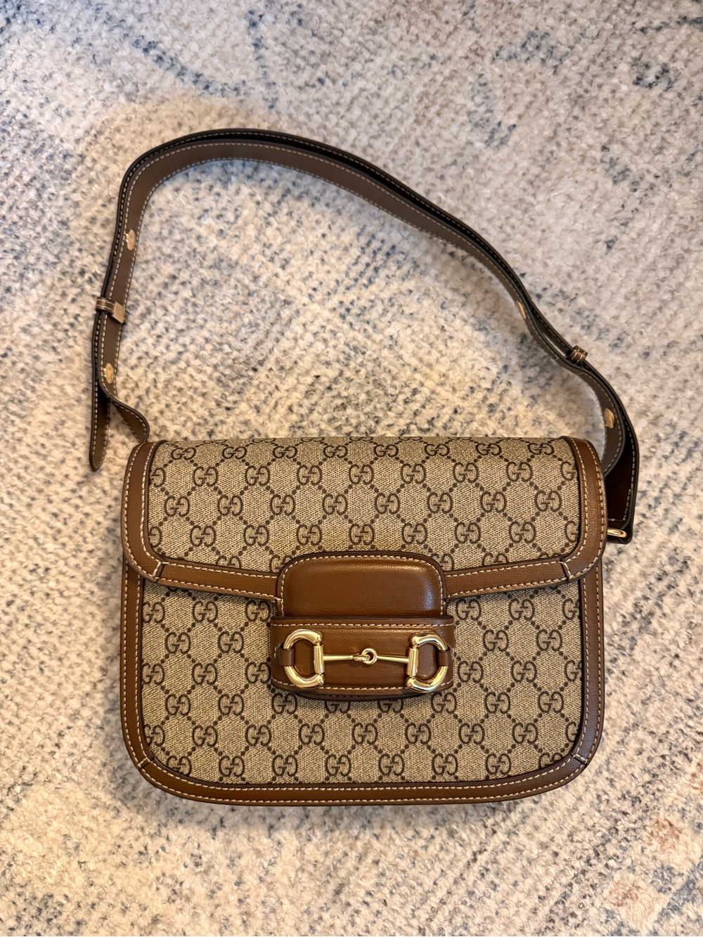 Gucci Tan & Beige GG Supreme Shoulder Bag with Horsebit Accent